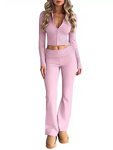 LILLUSORY Pink Piece Outfits Two Piece Cute Preppy Teen Girl Clothes For Women Fall Fashion Casual Trendy Sexy YK Matching Loungewear Lounge Pants Hoodies Sweatshirt Sweater Sets