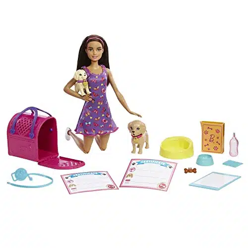 Barbie Pup Adoption Doll & Accessories Set with Color Change, Pets, Carrier & Accessories, Brunette Doll in Purple Dress