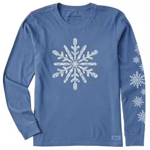 Life is Good Women's Contrast Snowflake Long Sleeve Crusher Tee, Vintage Blue