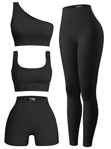 OQQ Women's Piece Ribbed Exercise Scoop Neck Sports One Shoulder High Waist Legging Active Set Shorts Bra Outfit, Black, Small