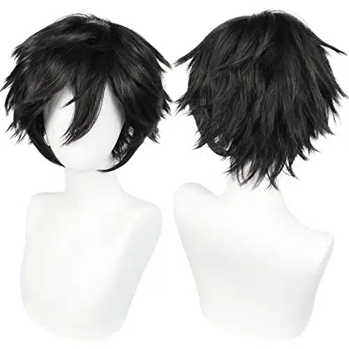 Anogol Hair Cap + Short Black Men's Cosplay Wig for Halloween Christmas Event Costume Party Short Black Costume Wig for Men Women Boys Anime Cosplay