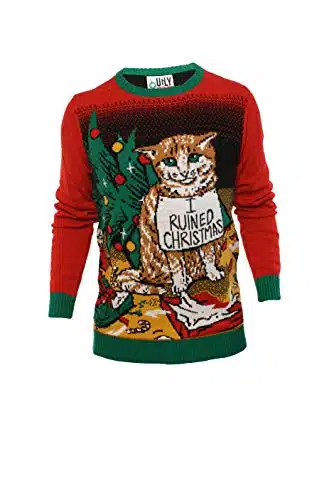 Ugly Christmas Party Sweater Men's  Unisex I Ruined Christmas Cat Shaming Large Cat Shaming Red