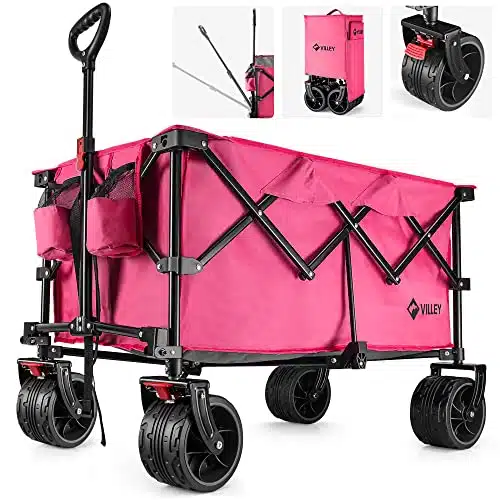 VILLEY Collapsible Folding Wagon with Big Wheels, Enlarged lbs Capacity, All Terrain Wagons Carts Heavy Duty Foldable, Portable Utility Garden Cart with Cup Holders and Brake,