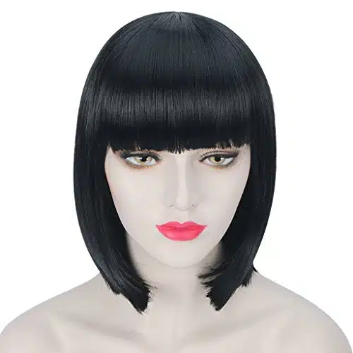 WELLKAGE inches Halloween Party Short Straight Black Bob Hair Wigs