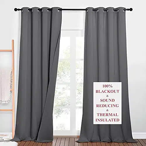 NICETOWN Outdoor Noise Blocking Blackout Curtains for Office, Full Privacy Wall Divider, Heavy Duty Blinds for Windows, Inside Detachable Felt Liner Curtains for Daytime Sleep