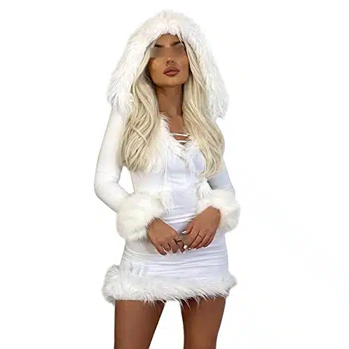 NUFIWI Yk Hooded Dress for Women Fur Trim Hoodie Dresses Deep V Neck Mini Dress Aesthetic Cute Clothes(A White Feathers,S)