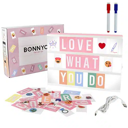 Pink Cinema Light Box with Letters & Emojis & arkers   BONNYCO  Led Light Box Home Office & Room Decor  Light Up Sign Letters Board Gifts for Women & Girls Christmas & Birthda