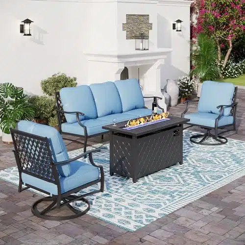 SUNSHINE VALLEY Piece Metal Outdoor Patio Furniture Sets with BTU Firepit Table, Patio Conversation Sets seater Sofa, Swivel Chair with Thick Cushion, Black Backyard Furniture