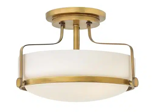 Hinkley Harper HB Medium Semi Flush Mount Ceiling Light   Sleek, Retro Style   Heritage Brass + Etched Opal Glass