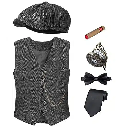 TOGROP s Mens Costume Vest Hat Pocket Watch Accessories Set Adult Party Cosplay Dark grey Small